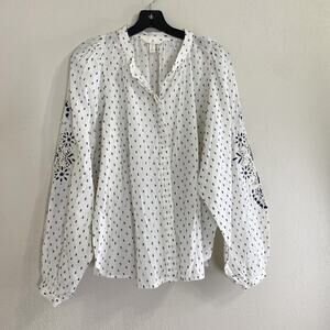 H&M White Navy Blue Embroidered Ballon Sleeve Button Down Swiss Dot Top Size 6
